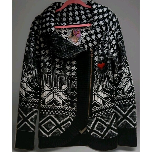 Desigual “Why?” Black White Knit Zip Sweater M Y2K Grunge Goth Boho Streetwear - Picture 1 of 10